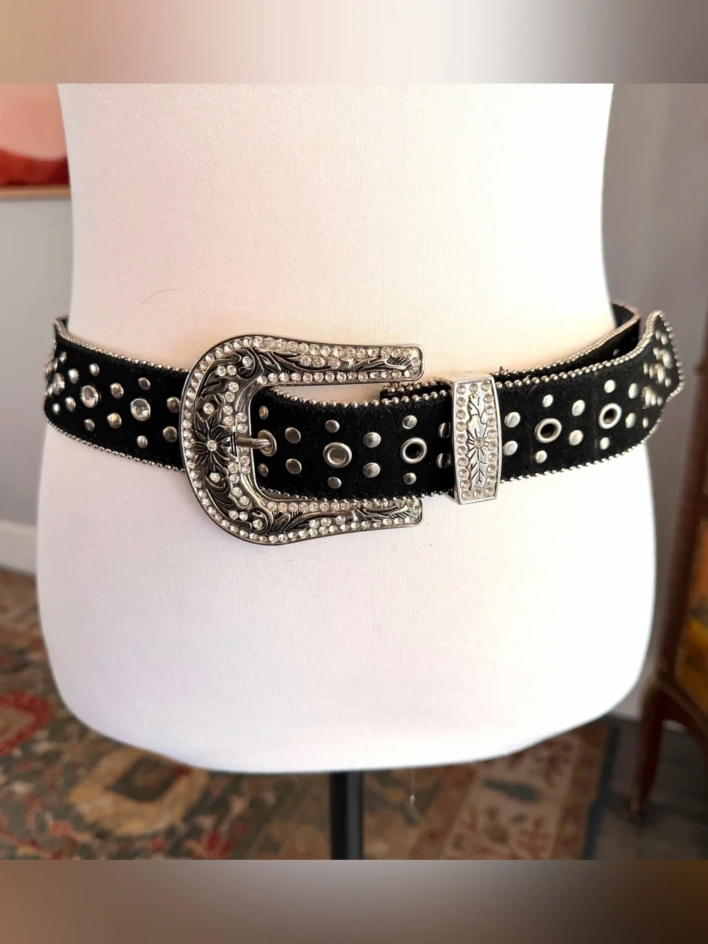 Black Western Rhinestone Studded Belt with Decorative Silver Buckle